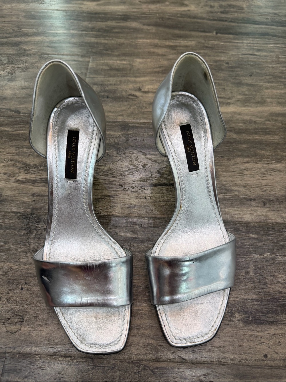 Louis Vuitton Metallic Silver Open-Toe Block Heel Sandals